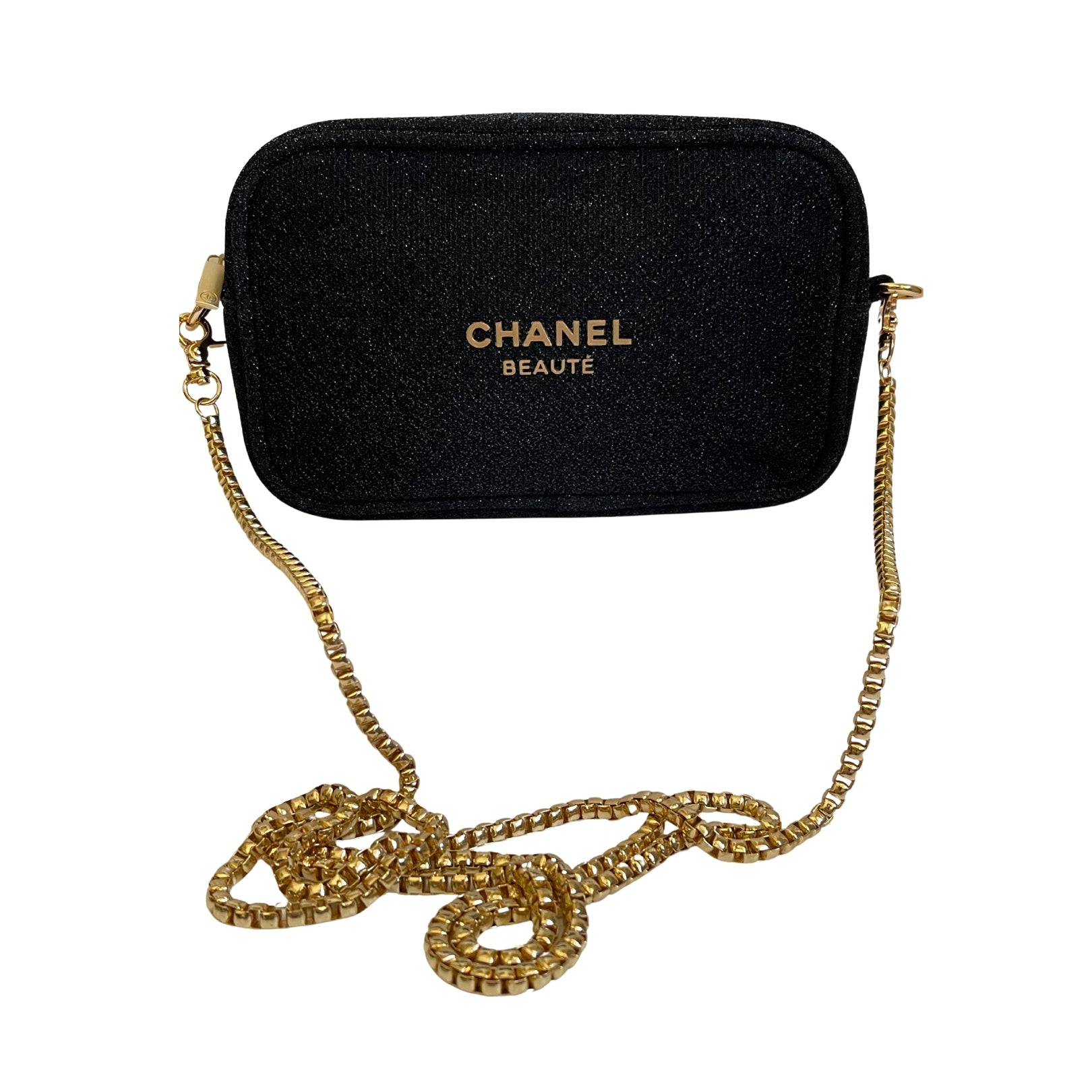 CHANEL+Beaute+Gold+Glitter+Cosmetic+Makeup+Bag+Pouch+Clutch+VIP+