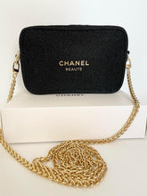Load image into Gallery viewer, CC VIP Gift Black Gold Holiday Glitter Pouch Clutch Bag with Gold Crossbody Chain
