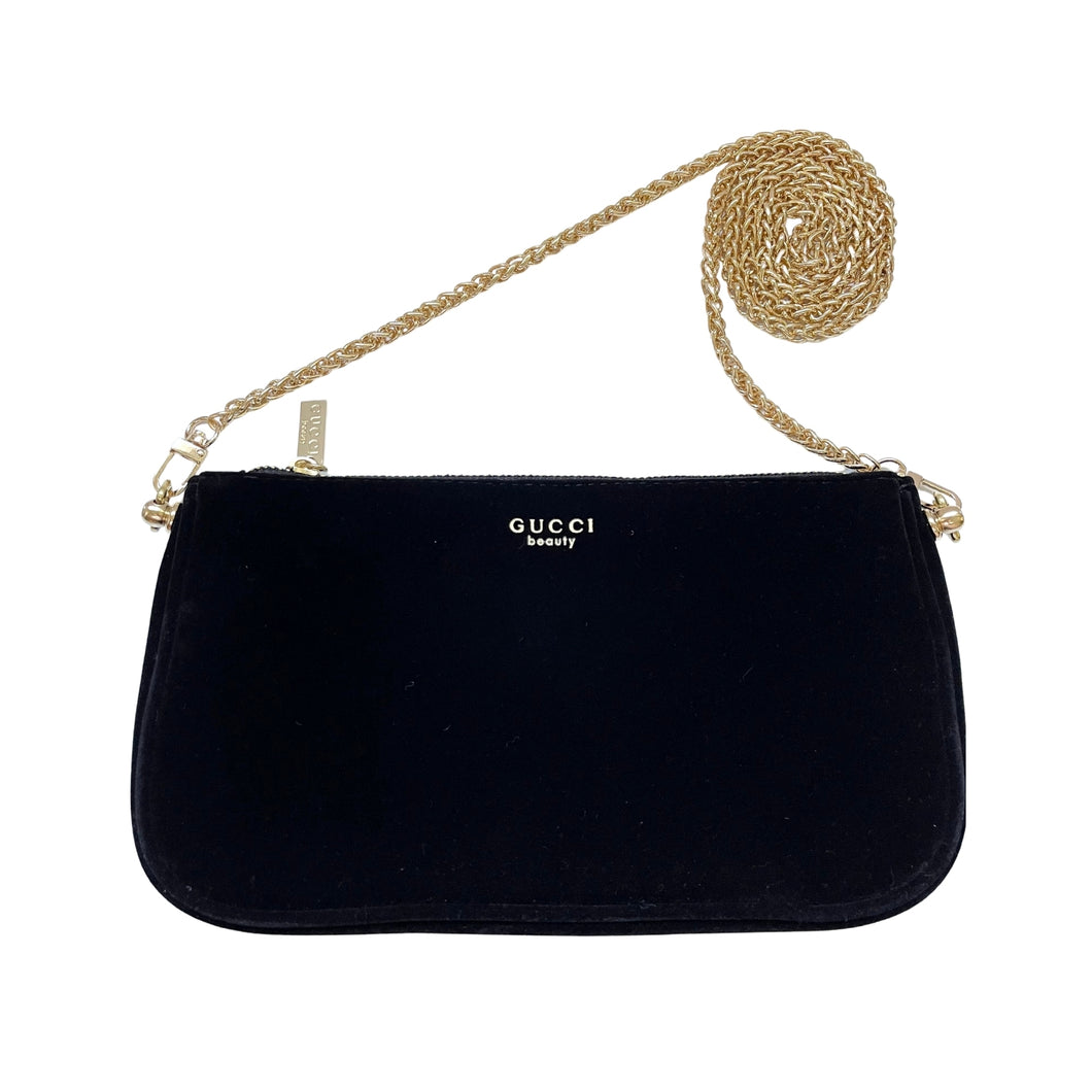 Gucci Beaute Pouch Clutch Black Velvet with Chain