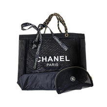 Load image into Gallery viewer, CC VIP Gift Boutique Black Mesh Tote with Pouch w/Gold Hardware Straps
